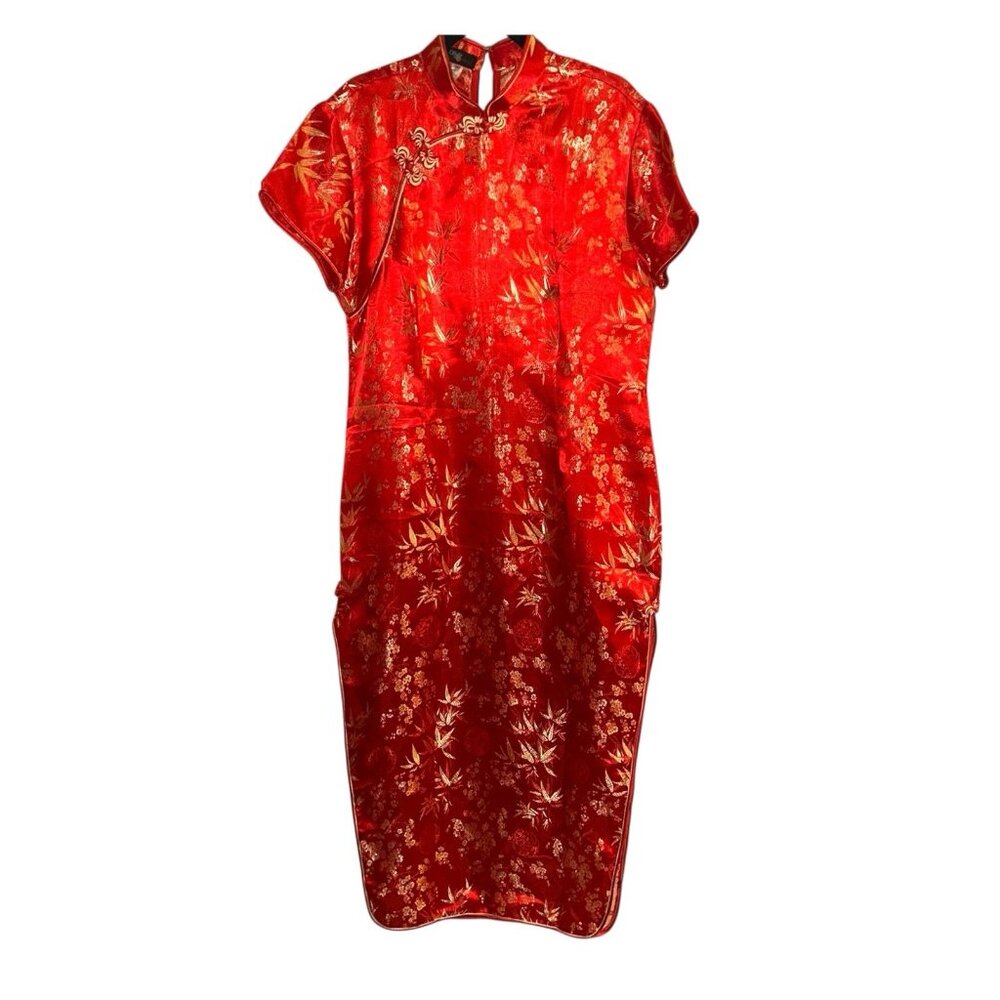 Osale Classic Chinese Red Gold Floral Short Sleeve Long Side Slit Dress Size 5
